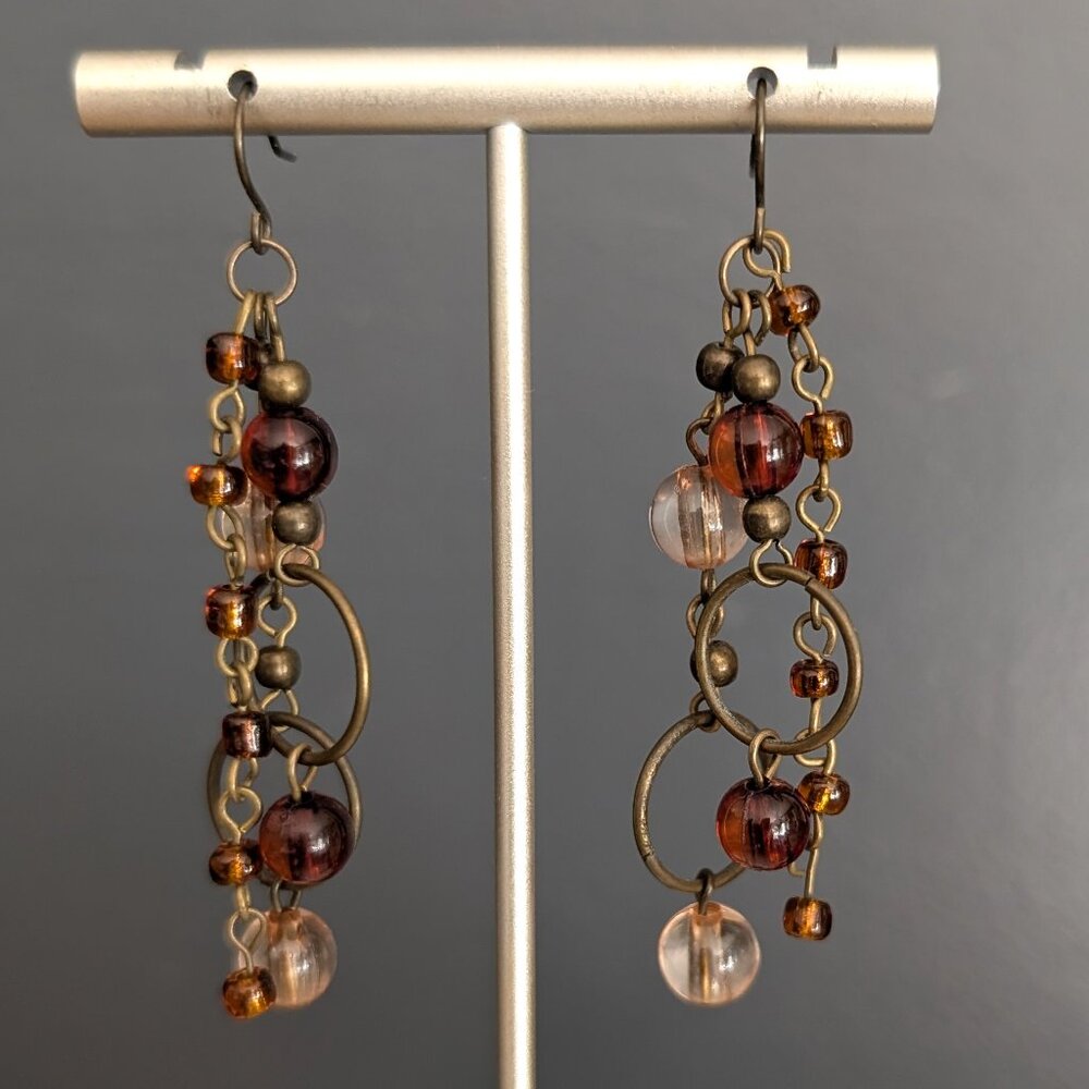 3 strand antique brass, peach and brown beaded earrings